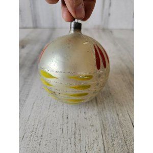 Vintage 4" polka dot orange yellow striped glitter ball ornament as is Xmas tree